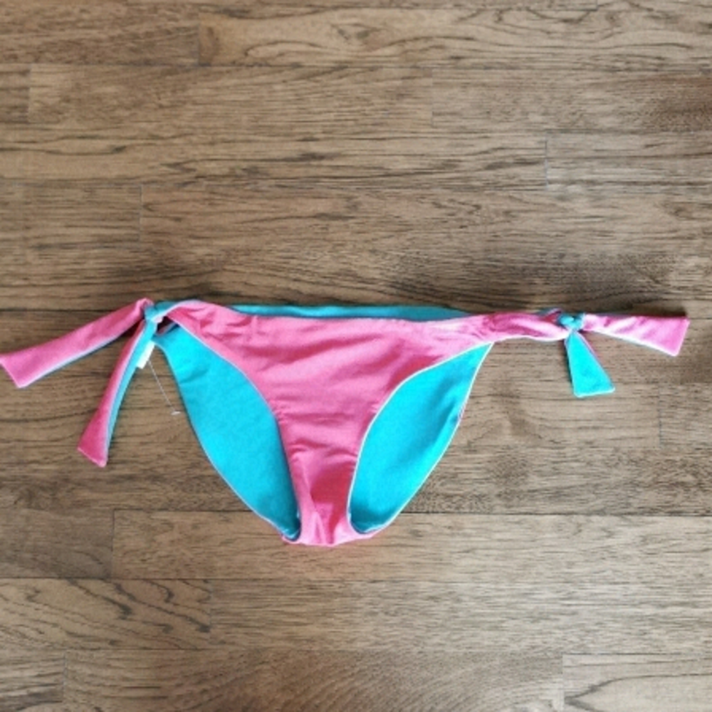 𝅺Aerie Bikini Bottom Reversible Aqua Pink Side Tie Small S New